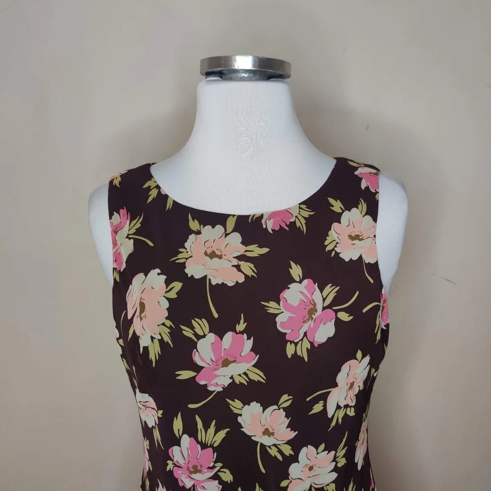 LOFT Floral‎ Dress Sleeveless Ruffled Hem Brown Pink
